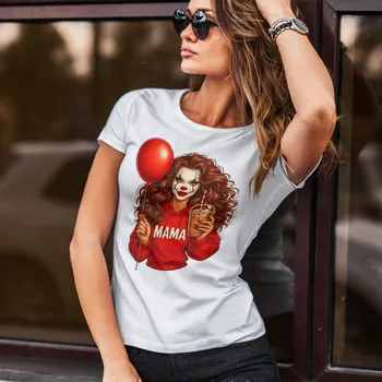 Dámské tričko Halloween Máma – Pennywise - Dámské tričko s halloweenským potiskem Barva: 04 - Žlutá, Velikost: XXL