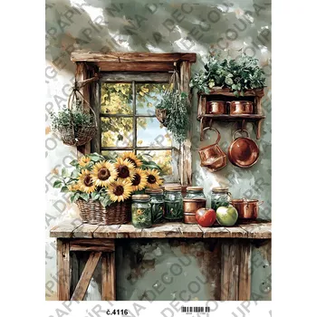 Umělecký papír Rýžový a soft papír na decoupage - Kuchyně okno slunečnice - KB04116 Materiál: Soft, Rozměr: A4