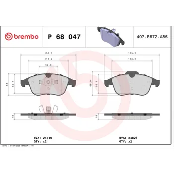 Brzdová destička Sada brzdových destiček, kotoučová brzda BREMBO P 68 047X