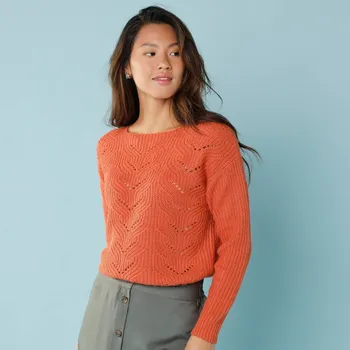 Dámský svetr Pulovr s kulatým výstřihem a dlouhými rukávy pro malou postavu paprika 38/40