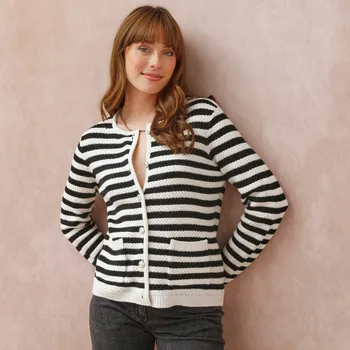 Dámský svetr Pruhovaný propínací svetr režná/černá 38/40
