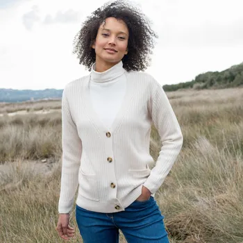 Dámský svetr Žebrovaný svetr s výstřihem do V režná 52