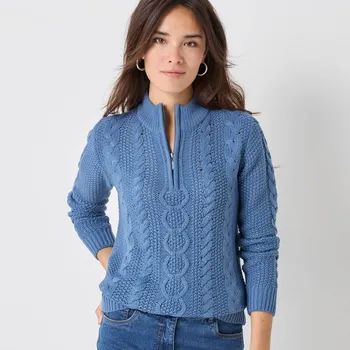 Dámský svetr Pulovr se stojáčkem na zip a s copánkovým vzorem modrá džínová 54