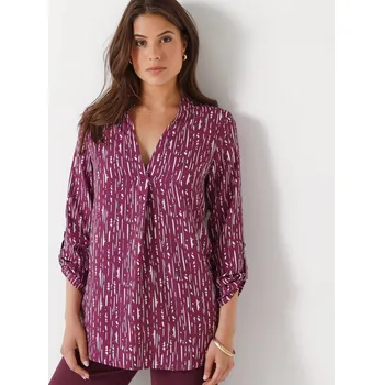 Dámská halenka Dlouhá krepová halenka s grafickým potiskem švestková/bílá 56