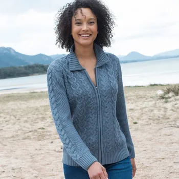 Dámský svetr Svetr na zip, s copánkovým vzorem modrá džínová 34/36