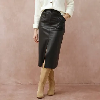 Dámská sukně Midi sukně s kapsami a rozparkem vpředu, koženková černá 40