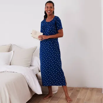 Dámské noční prádlo Dlouhá noční košile s krátkými rukávy a potiskem mašliček nám. modrá 54