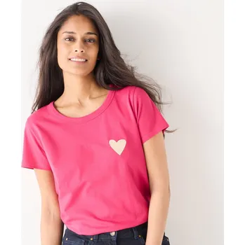 Dámská móda Jednobarevné tričko s krátkými rukávy a nášivkou srdíčka růžová 38/40