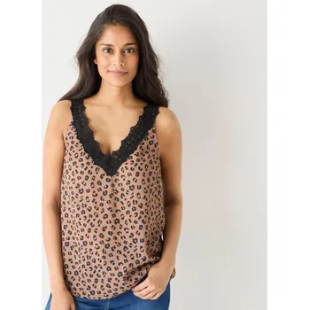 Dámské tričko Top s výstřihem do V a krajkou, potisk zvířecí srst karamelová/černá 48