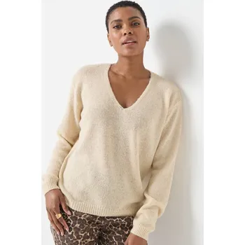 Dámský svetr Pulovr s výstřihem do V a příměsí mohéru a vlny béžová 42/44