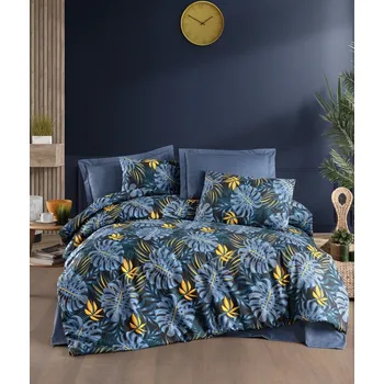 Povlečení Povlečení bavlněné Monestera modrá TiaHome 1x Polštář 90x70cm, 1x Přikrývka 140x200cm