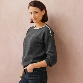 Dámský svetr Pulovr s lodičkovým výstřihem a přímšsí vlny antracitový melír 42/44