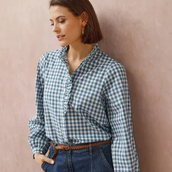 Dámská halenka Kostkovaná halenka s volánkem modrá/režná 36