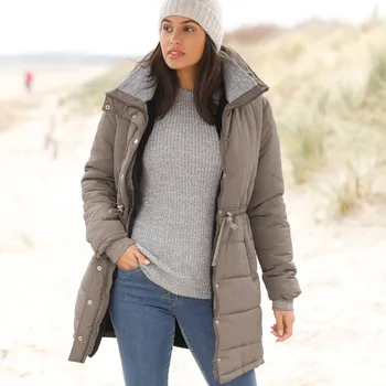 Dlouhá nepromokavá prošívaná bunda s kapucí hnědošedá 46