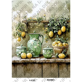 Umělecký papír Rýžový a soft papír na decoupage - Kuchyně zelená citrusy - KB04120 Materiál: Rýžový papír, Rozměr: A4