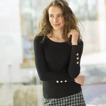 Dámský svetr Blancheporte Žebrovaný pulovr s ozdobnými knoflíky černá 42/44