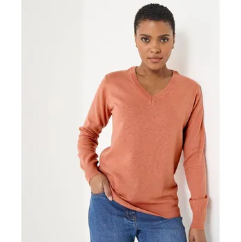 Dámský svetr Pulovr s výstřihem do V, jehněčí vlna růžový melír 52