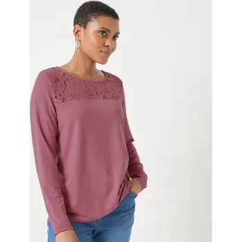 Tričko s kulatým výstřihem, dlouhými rukávy a krajkou růžové dřevo melír 50