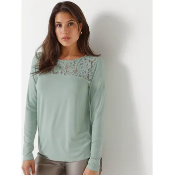 Tričko s kulatým výstřihem, dlouhými rukávy a krajkou zelenkavá 52