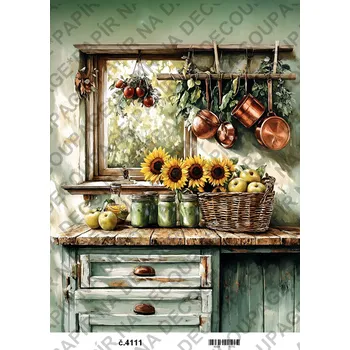 Umělecký papír Rýžový a soft papír na decoupage - Kuchyně okno slunečnice - KB04111 Materiál: Soft, Rozměr: A4