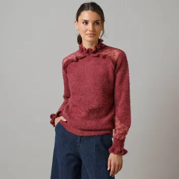 Dámský svetr Pulovr z vyšívaného tylu fialová 46/48