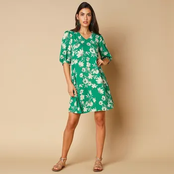 Dámské šaty Krátké šaty s potiskem z ekologické viskózy zelená/režná 48