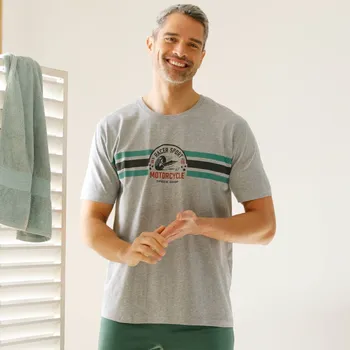 Pánská móda Pyžamové tričko s pruhy na hrudníku a krátkými rukávy šedý melír 87/96 (M)