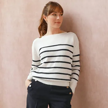 Dámský svetr Pulovr s lodičkovým výstřihem, pruhovaný režná/nám. modrá 38/40