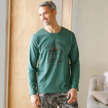 Pánské oblečení Pyžamové tričko se středovým potiskem a dlouhými rukávy tmavě zelená 127/136 (3XL)