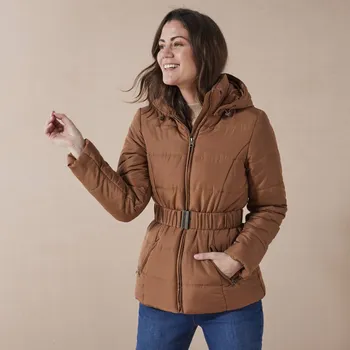 Nepromokavá dlouhá prošívaná bunda s páskem, na zip karamelová 40