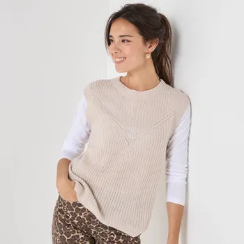 Dámská vesta Vesta z hladkého úpletu s ažurou béžový melír 38/40