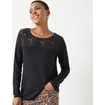 Tričko s kulatým výstřihem, dlouhými rukávy a krajkou černá 54