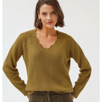 Dámský svetr Pulovr s výstřihem do V, z hladkého úpletu olivová 38/40