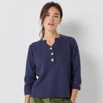 Dámský svetr Pulovr s výstřihem na knoflíky a perličkovým vzorem nám. modrá 52