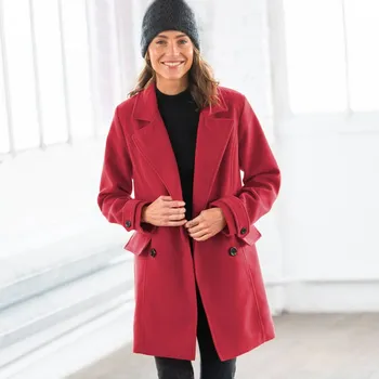 Dámský kabát Jednobarevný kabát s dvouřadým zapínáním na knoflíky karmínová 46