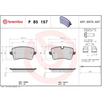 Brzdová destička Sada brzdových destiček, kotoučová brzda BREMBO P 85 157