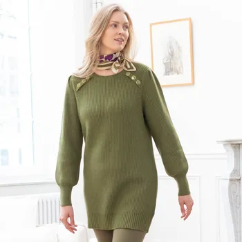 Jednobarevný tunikový pulovr s ozdobnými knoflíky olivová 54