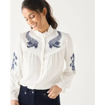 Halenka s volánky a výšivkou režná/nám. modrá 44