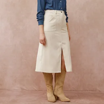 Dámská sukně Midi sukně s kapsami a rozparkem vpředu, manšestr béžová 50