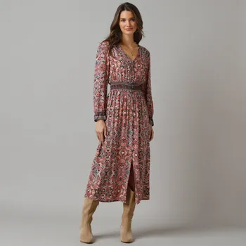 Dámské šaty Dlouhé šaty s potiskem a knoflíky vícebarevná 50