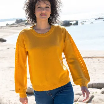 Dámská móda Pulovr s ažurovým vzorem a vlnkovými lemy šafránová 34/36