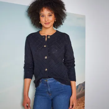 Dámský svetr Propínací svetr s ažurovým vzorem nám. modrá 52