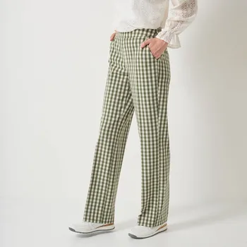 Rovné kostkované kalhoty zelená/režná 38