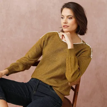 Dámský svetr Pulovr s lodičkovým výstřihem a přímšsí vlny olivová 54