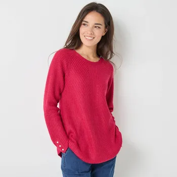 Dámský svetr Rozšířený pulovr s kulatým výstřihem, hladký pletený vzor malinová 54