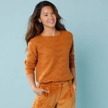 Dámský svetr Pulovr s kulatým výstřihem a dlouhými rukávy pro malou postavu medová 38/40