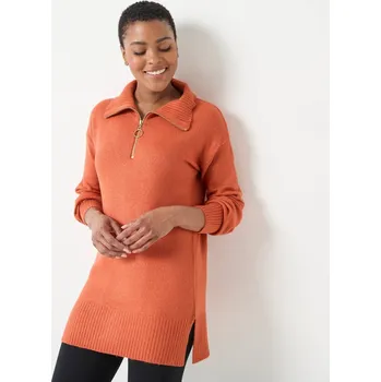 Dámský svetr Dlouhý pulovr se stojáčkem na zip paprika 52