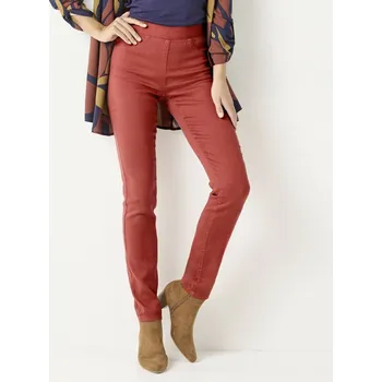 Pohodlné džegíny s pružným pasem, pro vyšší postavu tomatová 48