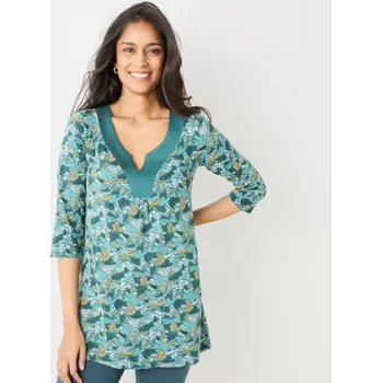 Dámské tričko Tunika s ozdobným výstřihem a 3/4 rukávy, s potiskem zelená/medová 38/40