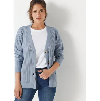 Dámský svetr Žebrovaný svetr s výstřihem do V modrošedá 34/36